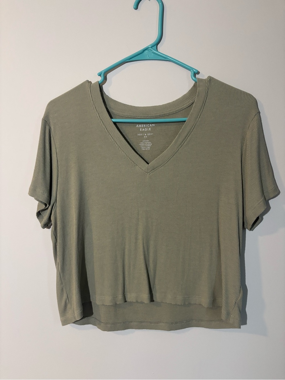 American Eagle Outfitters Olive Ribbed V-Neck Cropped Tee
